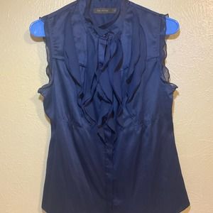 The Limited Dark Blue Sleeveless Blouse Button Ruffle Front Shirt Women Small